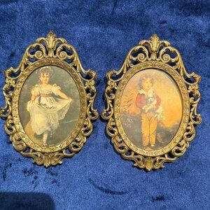 Vintage Italian Prints Ornate Oval Metal Frames Boy and Girl with their Dog/Cats